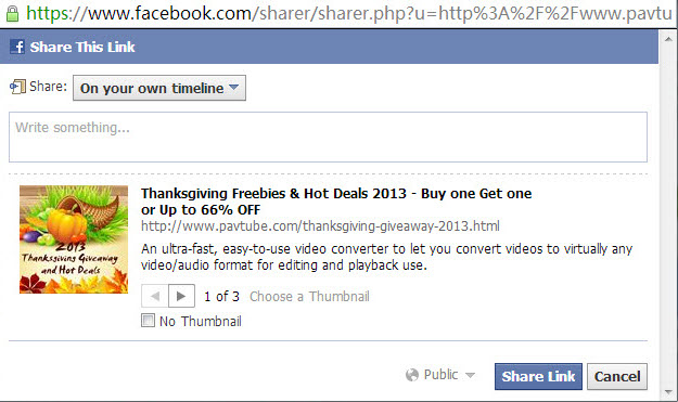 fb share 2013 Thanksgiving Special Offer: Freebies, Up to 66% off and Buy One Get One Free